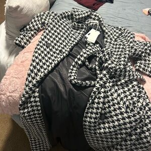 Commense Black and White Houndstooth Trench Coat